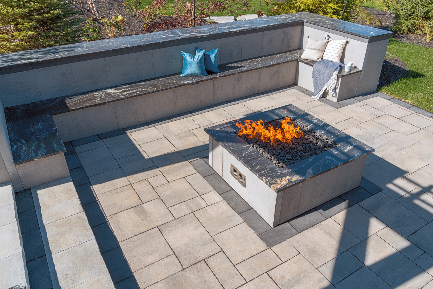 Permacon Artex wall bench fireplace