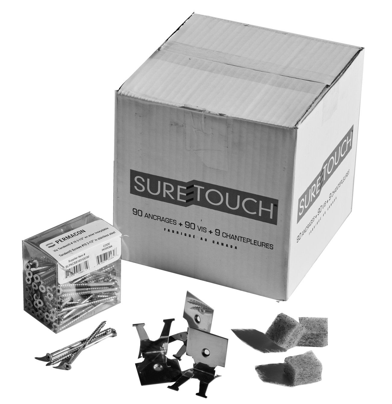 Image Suretouch installation kit / 3in #8 screws (90) / Clips (90) / Weep hole covers (9)
